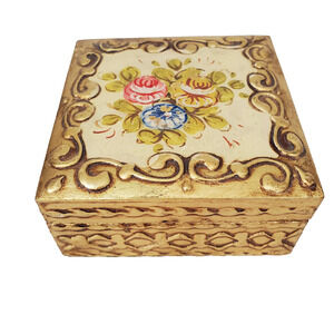 Vintage Firenze Florentia Gold Gilded Jewelry Trinket Box Hand-Made In Italy 4X4